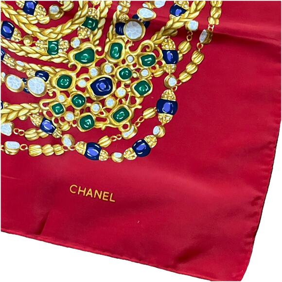 CHANEL Large 34" Scarf Jeweled Chain Bijoux Silk Red Gold Japan 1990s - Picture 1 of 6